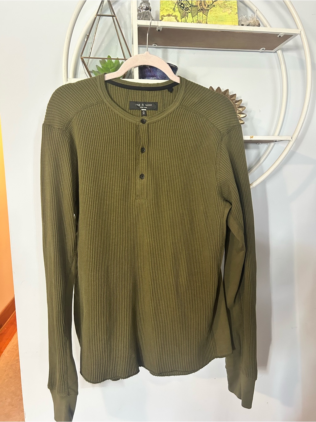 Rag & Bone Devon Men’s Medium M Olive Green Waffle Henley Shirt